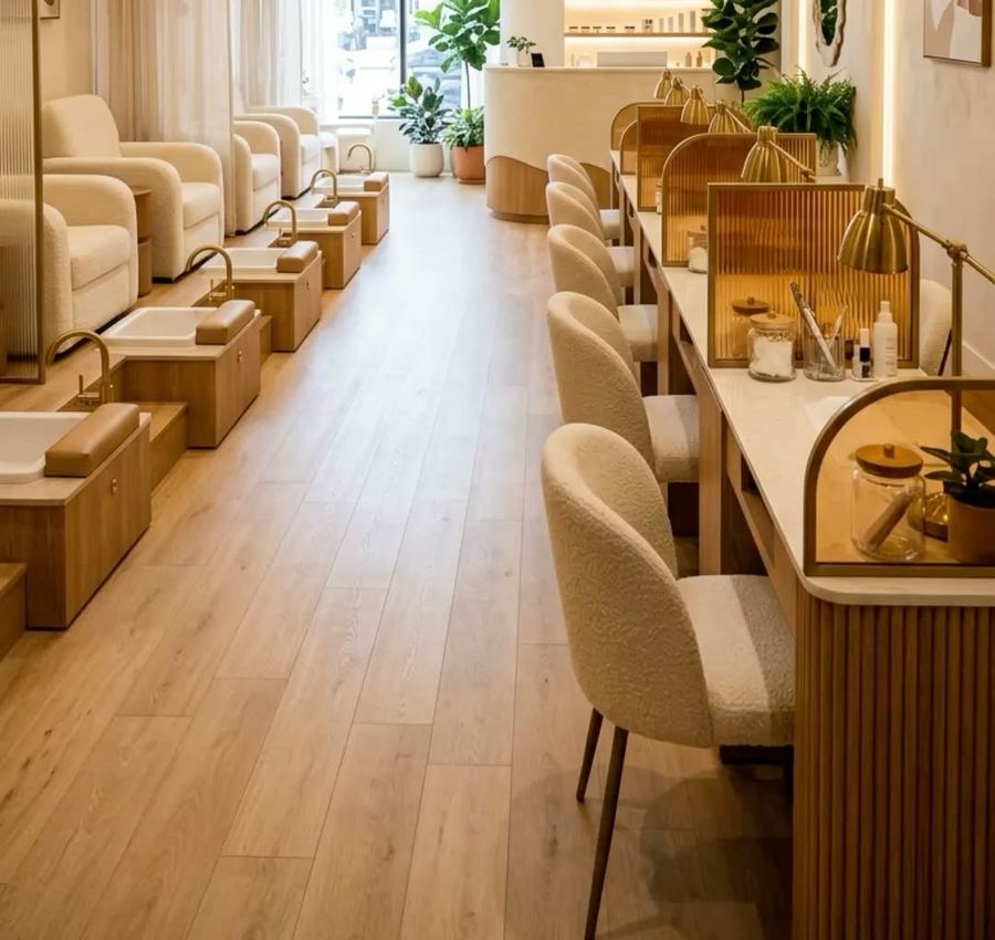 Pedicure chairs and nail stations in the studio