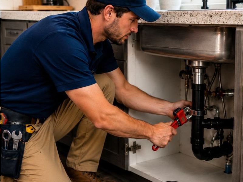Plumber fixing a kitchen sink drain